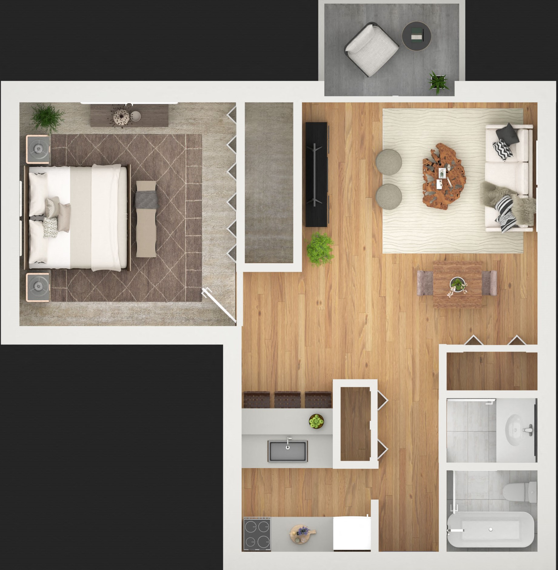 Floor plan for 1 bed, 1 bath, 570 sqft